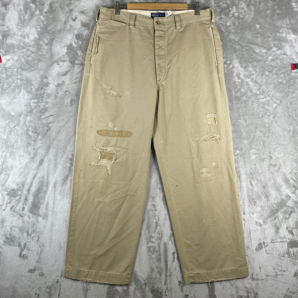Polo Ralph Lauren The Big Chino Pants Mens 33x32 Khaki Heritage Button Fly Patch